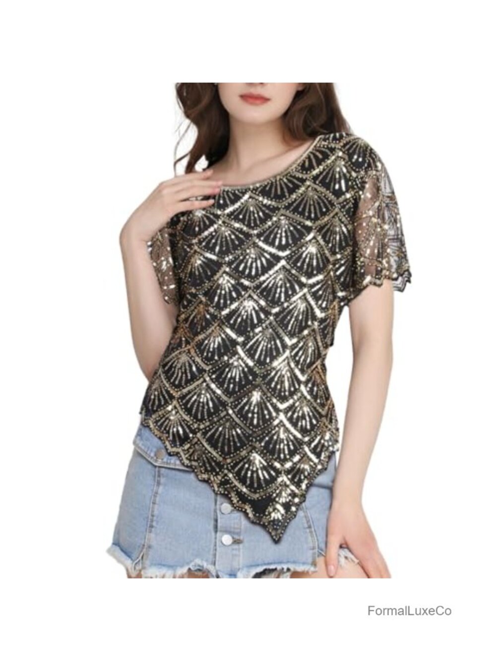 Sequin Beaded Blouse Bell Sleeve Irregular Hem Formal Party Top